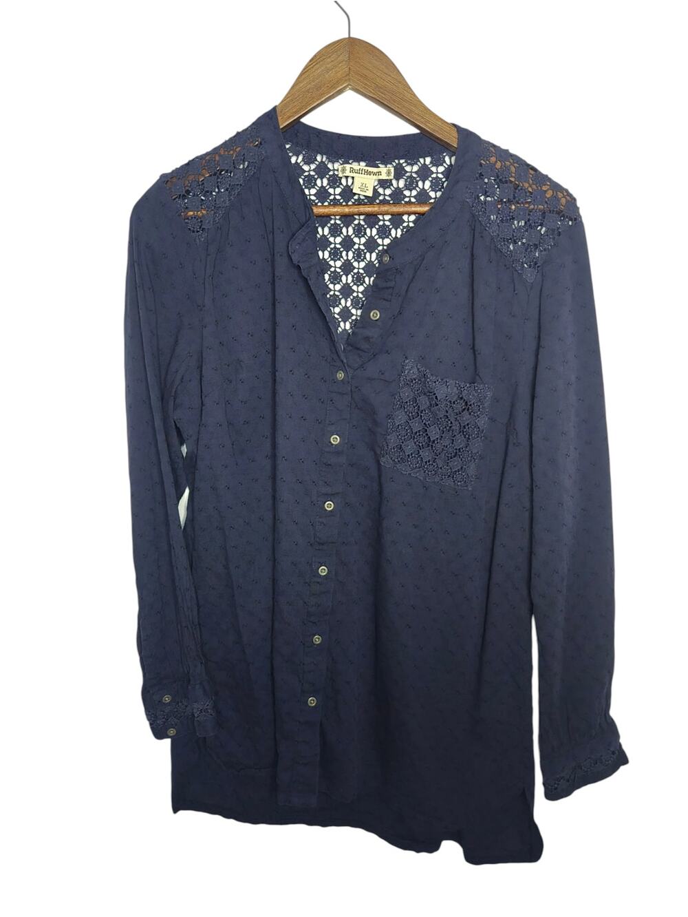 RuffHewn Women’s XL Navy Lace Detail Button Front Blouse Top Long Sleeve